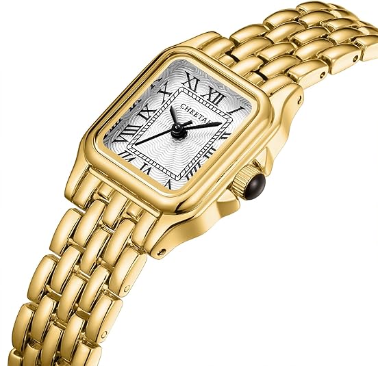 Gold Watches for Women with Small Vintage Bracelet, Rectangular Case Roman Dial