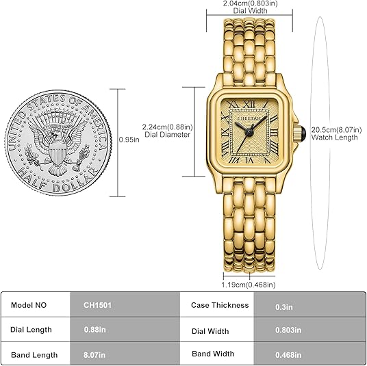 Gold Watches for Women with Small Vintage Bracelet, Rectangular Case Roman Dial