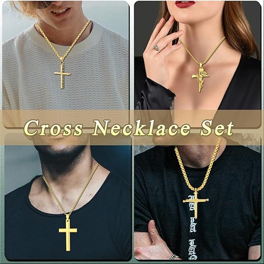 8 Pcs Necklace for Men, Mens Necklaces Jewelry Set, Black and Silver Stainless Steel Necklace, Cross Pendant Necklace, 16-24 inches Chain