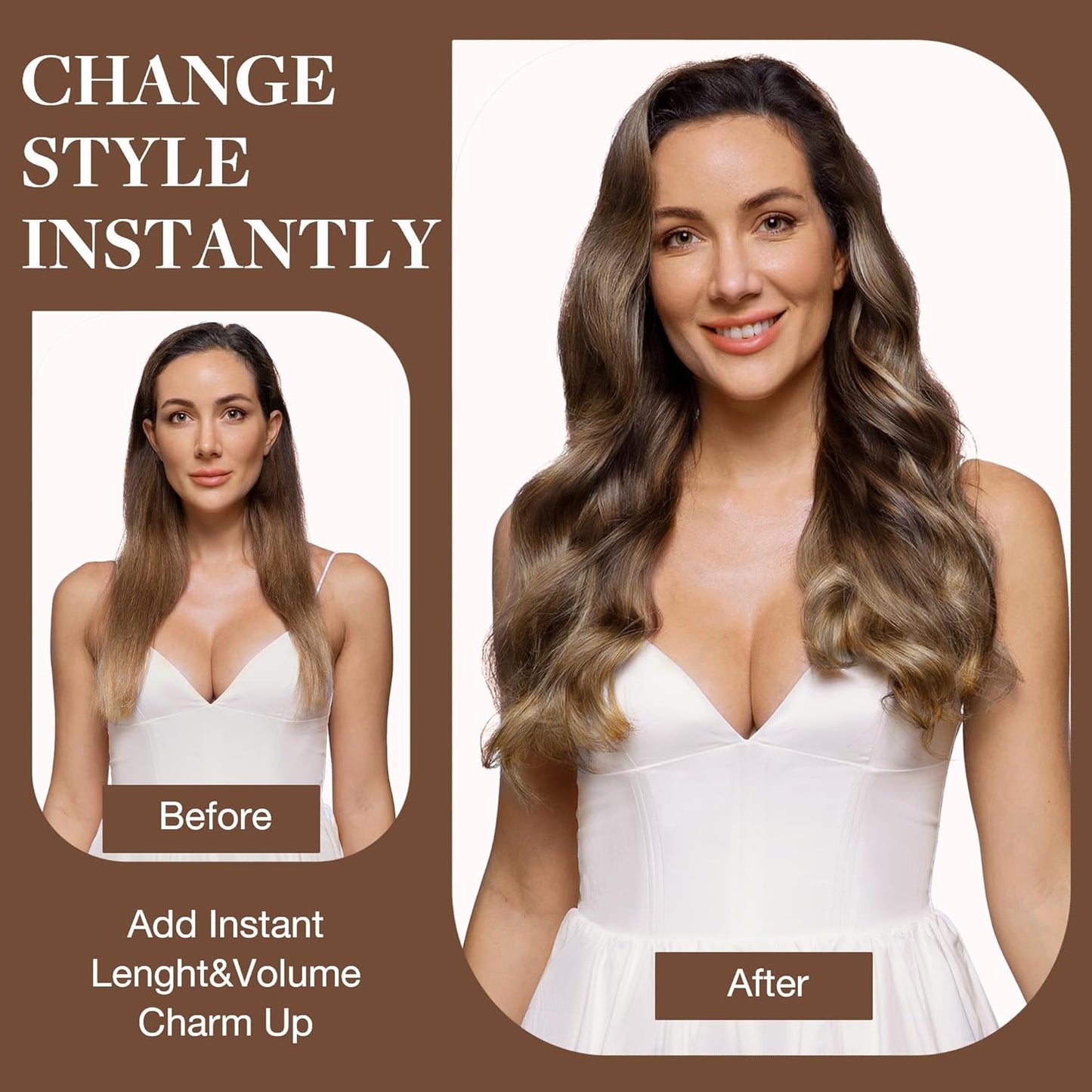 Clip in Hair Extensions Real Human Hair, Remy Human Hair Extensions Clip ins for Women, Natural Human Hair, 18inch 120g 7Pcs, 4/27/4 Balayage Chocolate Brown to Caramel Blonde