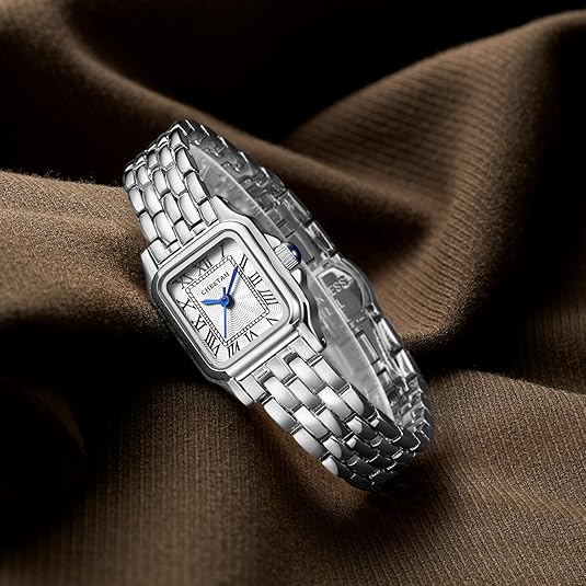 Gold Watches for Women with Small Vintage Bracelet, Rectangular Case Roman Dial