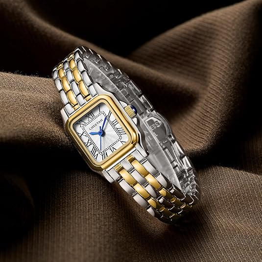 Gold Watches for Women with Small Vintage Bracelet, Rectangular Case Roman Dial