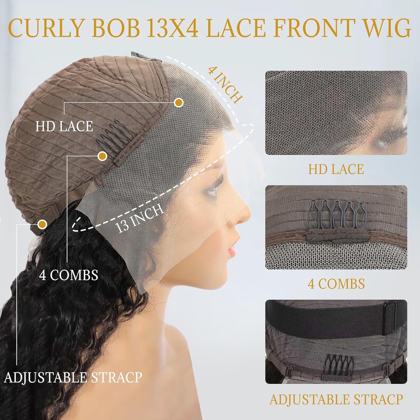 14Inch Short Curly Human Hair Wigs 180 Density 13x4 Curly Bob Wig Human Hair for Black Women 100% Virgin Human Hair Pre Plucked Wet and Wavy with Natural Hairline