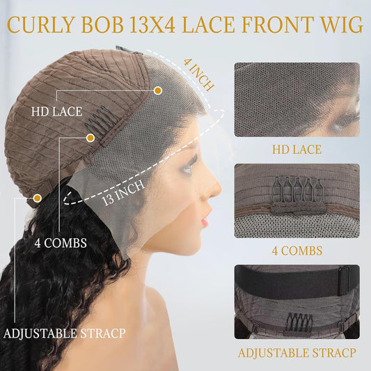 14Inch Short Curly Human Hair Wigs 180 Density 13x4 Curly Bob Wig Human Hair for Black Women 100% Virgin Human Hair Pre Plucked Wet and Wavy with Natural Hairline