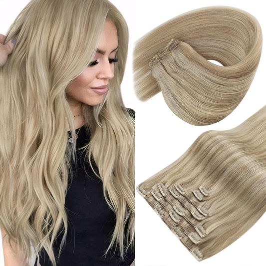 Hair Clip in Hair Extensions Straight Human Hair Clip in Extensions Remy Clip in Hair Extensions Real Human Hair Extensions Clip ins Golden Blonde Highlights Light Blonde 18inch